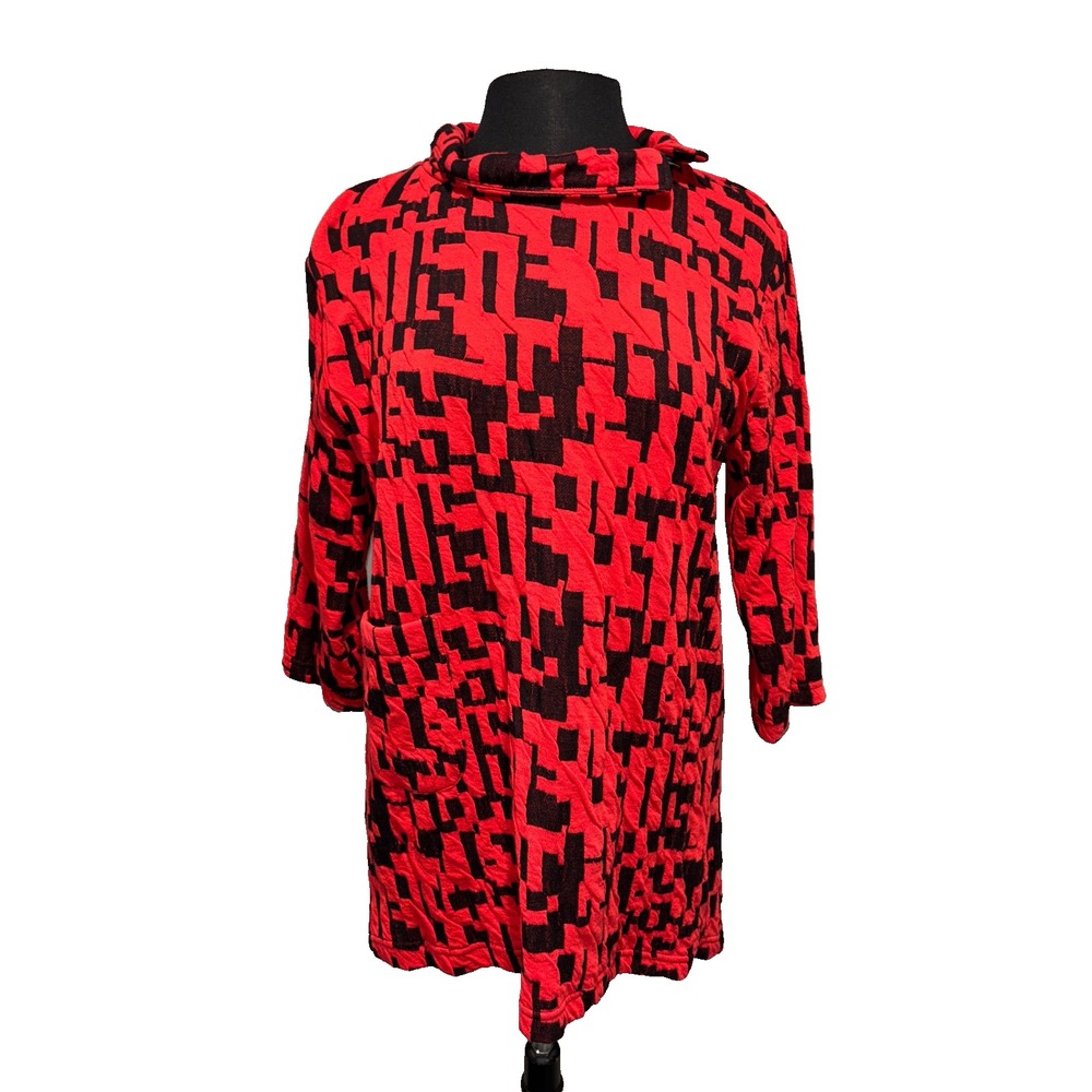 Komil Jigsaw Poppy Tunic Top Dress Size Med Red Black Geometric Cowl‎ Neck NWT